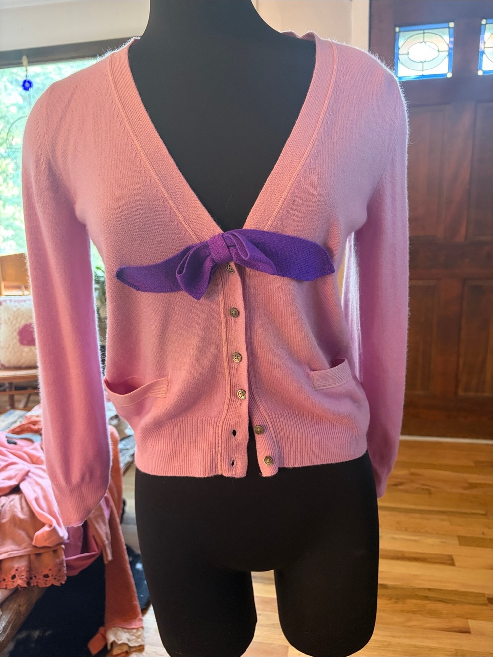 Marc Jacobs Pink V-Neck Button Cardigan with Purple Tie